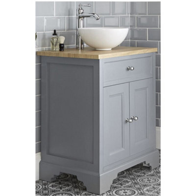 Homestylestore 645mm Light Grey And Oak Bathroom Vanity Unit With Round Countertop Basin And Chrome Round Handles - image 1