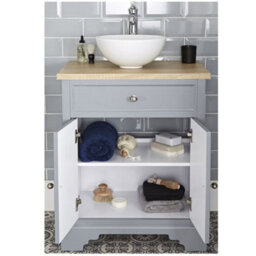Homestylestore 645mm Light Grey And Oak Bathroom Vanity Unit With Round Countertop Basin And Chrome Round Handles - thumbnail 3