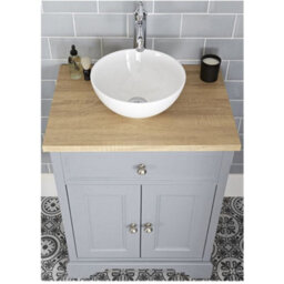 Homestylestore 645mm Light Grey And Oak Bathroom Vanity Unit With Round Countertop Basin And Chrome Round Handles - thumbnail 2