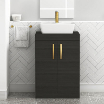 Royal Bathrooms 600mm Floor Standing Vanity Unit 2 Door Hale Black & Countertop Basin - Cube With Brushed Brass Handle - image 1