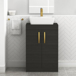 Royal Bathrooms 600mm Floor Standing Vanity Unit 2 Door Hale Black & Countertop Basin - Cube With Brushed Brass Handle - thumbnail 1