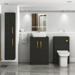 Royal Bathrooms 600mm Floor Standing Vanity Unit 2 Door Hale Black & Countertop Basin - Cube With Brushed Brass Handle - thumbnail 2