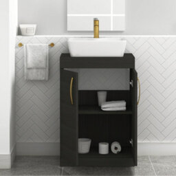 Royal Bathrooms 600mm Floor Standing Vanity Unit 2 Door Hale Black & Countertop Basin - Cube With Brushed Brass Handle - thumbnail 3