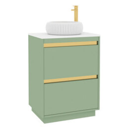 Royal Bathrooms Orion 600mm Mint Sage Floor Standing Plain White Countertop Vanity Unit 2 Drawer With Milan Basin & Brushed Brass Accent Trim - thumbnail 6