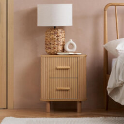 2 Oak Brown Drawer Wooden Fluted Bedside Axel Birlea