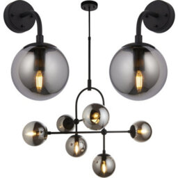 Loops Multi Arm Ceiling Pendant & 2X Matching Wall Lights - Matt Black Frame Grey Tinted Glass Shade Set