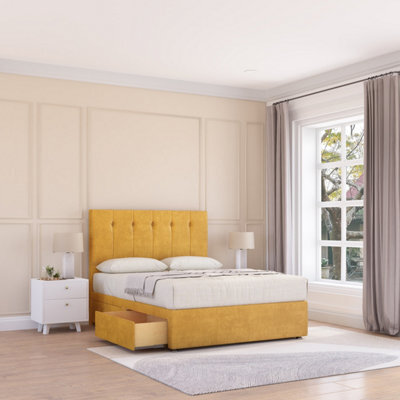 Sloomy Highbury Mustard Plush 2Ft6 Memory Foam Bed Set With 2 Drawers, Mattress & Headboard- Small Single - image 1