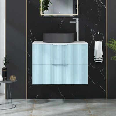 Royal Bathrooms Evora 700mm Powder Blue Fluted Wall Hung Countertop Vanity Unit 2 Drawer With Art Round Basin - image 1