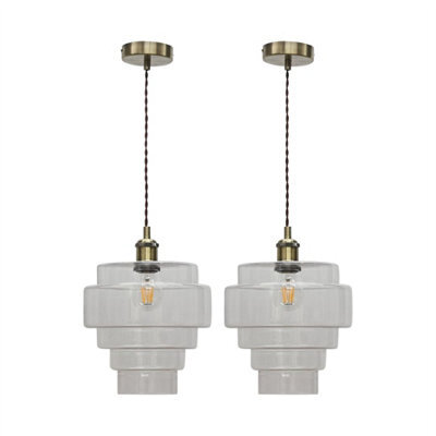 First Choice Lighting Set Of 2 Benson - 5 Tier Glass & Antique Brass Ceiling Pendant Lights - image 1
