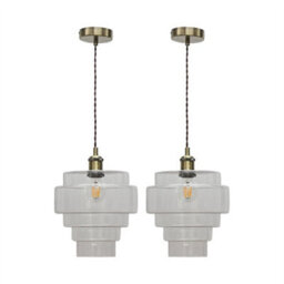 First Choice Lighting Set Of 2 Benson - 5 Tier Glass & Antique Brass Ceiling Pendant Lights - thumbnail 1