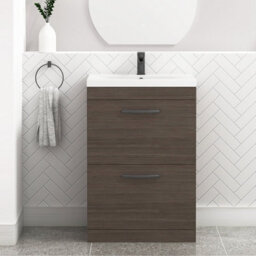 Royal Bathrooms Turin Grey Elm 600mm Floor Standing Vanity Unit 2 Drawer With Mid-Edge Basin Sink & Matt Black Handles - thumbnail 1