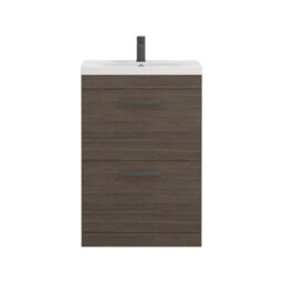 Royal Bathrooms Turin Grey Elm 600mm Floor Standing Vanity Unit 2 Drawer With Mid-Edge Basin Sink & Matt Black Handles - thumbnail 6
