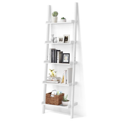 Costway 5 Tier Wooden Ladder Shelf Unit Wall-Mounted Bookcase Display - image 1