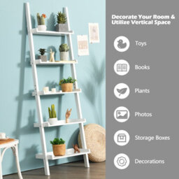 Costway 5 Tier Wooden Ladder Shelf Unit Wall-Mounted Bookcase Display - thumbnail 4