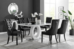 Furniturebox Giovani Rectangular 6 Seat White High Gloss Unique Halo Base Dining Table Grey Glass Top 6 Black Velvet Black Leg Belgravia Chairs
