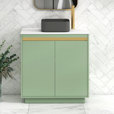 Royal Bathrooms Orion 800mm Mint Sage Floor Standing Plain White Countertop Vanity Unit 2 Door With Art Square Basin & Brushed Brass Accent Trim - image 1