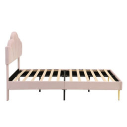 Abrihome Pink Velvet Upholstered Double Bed With Adjustable Headboard & Golden Legs - Shell-Like Bed Frame With Wooden Slats (135X190Cm) - thumbnail 9