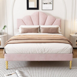 Abrihome Pink Velvet Upholstered Double Bed With Adjustable Headboard & Golden Legs - Shell-Like Bed Frame With Wooden Slats (135X190Cm) - thumbnail 7