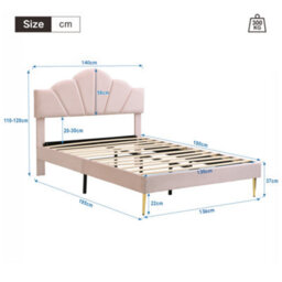 Abrihome Pink Velvet Upholstered Double Bed With Adjustable Headboard & Golden Legs - Shell-Like Bed Frame With Wooden Slats (135X190Cm) - thumbnail 4