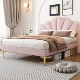 Abrihome Pink Velvet Upholstered Double Bed With Adjustable Headboard & Golden Legs - Shell-Like Bed Frame With Wooden Slats (135X190Cm) - thumbnail 3