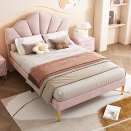 Abrihome Pink Velvet Upholstered Double Bed With Adjustable Headboard & Golden Legs - Shell-Like Bed Frame With Wooden Slats (135X190Cm)