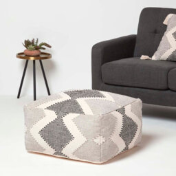 Homescapes Malmo Handwoven Textured Natural & Black Pouffe Bean Cube - thumbnail 2