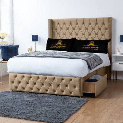 UKBEDFURNITURE Jasmine Beige Plush Wingback Divan Bed 2 Foot End Drawers With 10 Inch Orthopaedic Mattress & 54 Inch Headboard - image 1