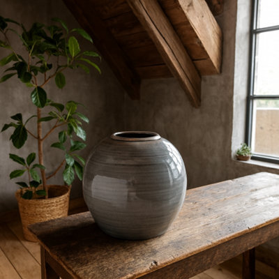 Wyld Haus Bloomwood Grey Glazed Round Ceramic Vase Crackle Effect - image 1