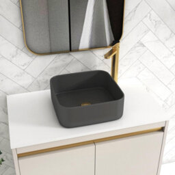 Royal Bathrooms Orion 800mm Warm Taupe Floor Standing Plain White Countertop Vanity Unit 2 Door With Art Square Basin & Brushed Brass Accent Trim - thumbnail 5