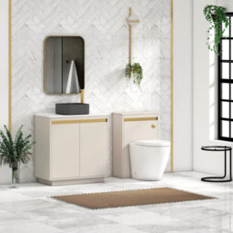 Royal Bathrooms Orion 800mm Warm Taupe Floor Standing Plain White Countertop Vanity Unit 2 Door With Art Square Basin & Brushed Brass Accent Trim - thumbnail 3