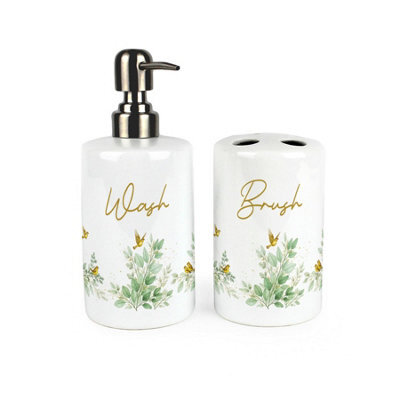 Purely Home Golden Birds Bathroom Set - Refillable Ceramic Soap Dispenser & Toothbrush Holder - image 1