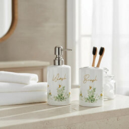Purely Home Golden Birds Bathroom Set - Refillable Ceramic Soap Dispenser & Toothbrush Holder - thumbnail 2