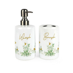 Purely Home Golden Birds Bathroom Set - Refillable Ceramic Soap Dispenser & Toothbrush Holder