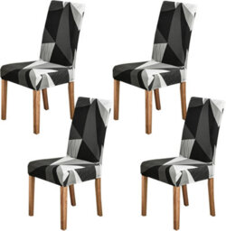 Stretchable High-Back Chair Covers Set Of 4, Spandex, Removable Washable, Geometric Black, Dining Room - thumbnail 1