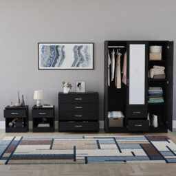 Lassic Vida Designs Riano 4 Piece Bedroom Set (1 Drawer Bedside Chest, 4 Drawer Chest, 3 Door 2 Drawer Mirrored Wardrobe), Black - thumbnail 2
