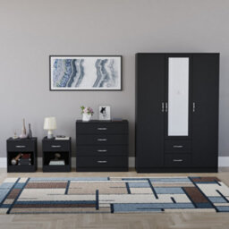 Lassic Vida Designs Riano 4 Piece Bedroom Set (1 Drawer Bedside Chest, 4 Drawer Chest, 3 Door 2 Drawer Mirrored Wardrobe), Black - thumbnail 7