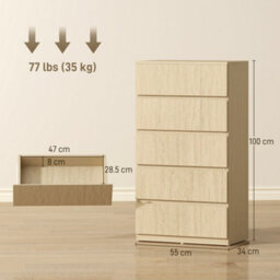 Homcom Bedroom Chest Of Drawers, 5 Drawers Dresser, Drawer Unit, Natural - thumbnail 3