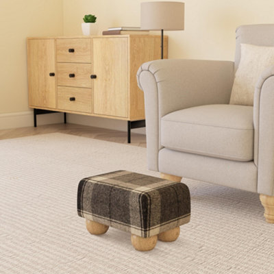 Tartan Material Small Footstools Natural Wood Bun Feet - Tartan - Marl Grey