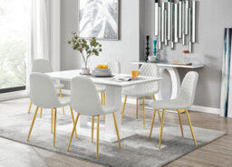 Furniturebox Imperia White High Gloss 6 Seater Dining Table With Structural 2 Plinth Column Legs 6 White Faux Leather Gold Leg Corona Chairs