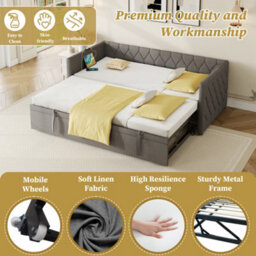 Btm 3Ft Single Linen Daybed With Usb And Typec Charging Ports, Pullout Trundle, Grey Sofa Bed (No Mattress) - thumbnail 9