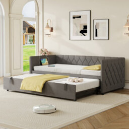 Btm 3Ft Single Linen Daybed With Usb And Typec Charging Ports, Pullout Trundle, Grey Sofa Bed (No Mattress) - thumbnail 5