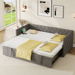 Btm 3Ft Single Linen Daybed With Usb And Typec Charging Ports, Pullout Trundle, Grey Sofa Bed (No Mattress) - thumbnail 2