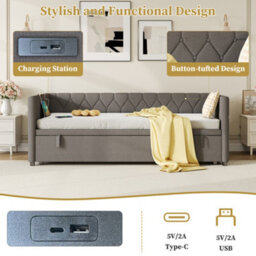 Btm 3Ft Single Linen Daybed With Usb And Typec Charging Ports, Pullout Trundle, Grey Sofa Bed (No Mattress) - thumbnail 7