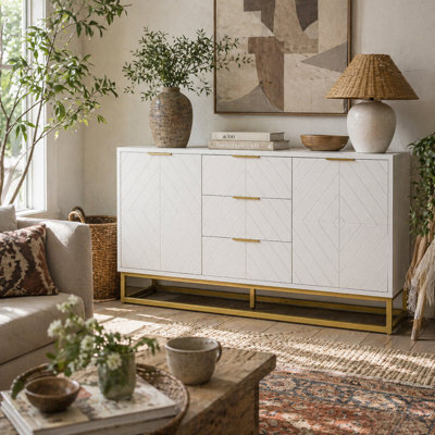 Wyld Haus Luka Wide White Sideboard 3 Drawers 2 Doors Chevron Design With Gold Accents - image 1