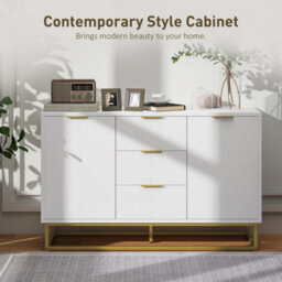 Wyld Haus Luka Wide White Sideboard 3 Drawers 2 Doors Chevron Design With Gold Accents - thumbnail 4