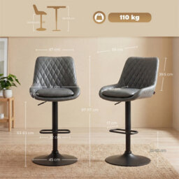 Dark Grey Adjustable Bar Stools Set Of 2 Swivel Bar Chairs With Back Footrest - thumbnail 2