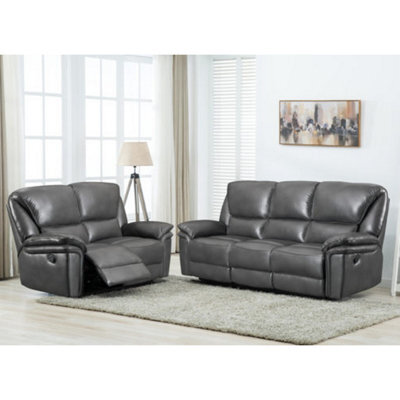 Furnishings For Less UK Boston Grey Leather Large Sofa Suite Manual Reclining Sofa Set 3 + 2 Seater Sofas - image 1