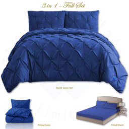 TheWhiteWater Limited Pintuck Duvet Cover Set + Matching Pillowcases With Bedsheet - 3In1 Hotel Style Bedding Set - Royal Blue - thumbnail 2