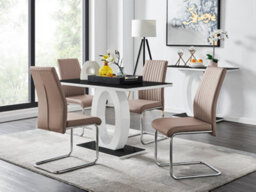 Furniturebox Giovani Rectangular 4 Seat White High Gloss Halo Structural Dining Table Black Glass Top 4 Beige Faux Leather Lorenzo Chairs