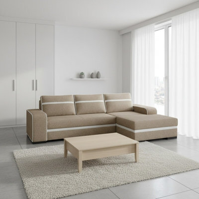 Corner Sofa Bed Finn With Storage Container Wooden Frame Sinuous Spring Wooden Legs 285X165X90Cm Beige And White Right - image 1